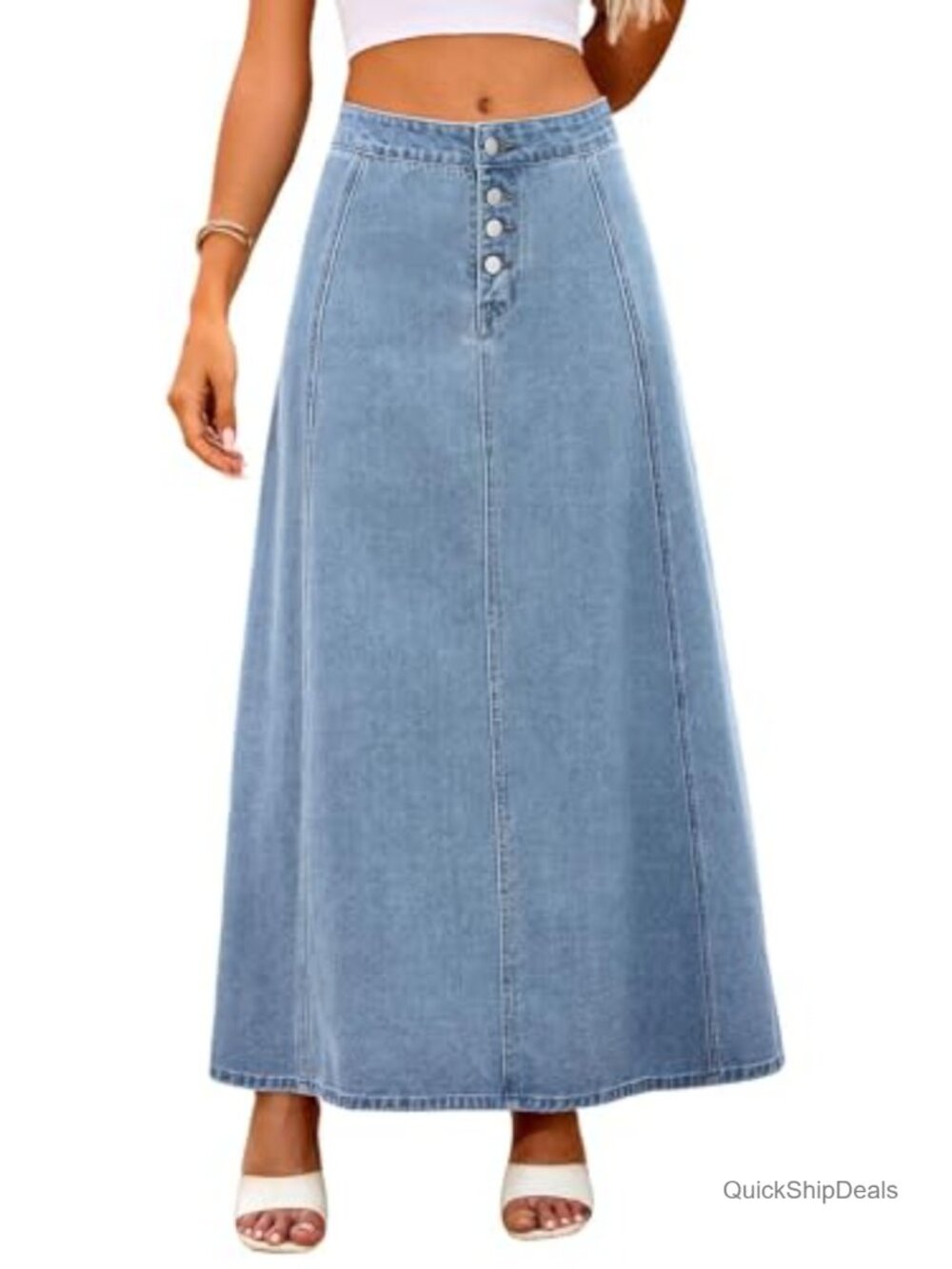 High Waist Denim Skirt 4-Button Flare A-Line Maxi Long Jean Skirts with Pockets